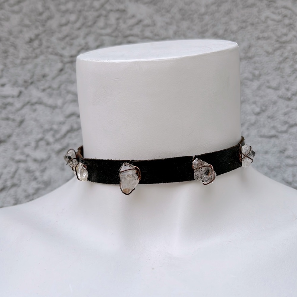 Choker Collar Necklace Jewelry Boho Leather Band Crystal Clear Gemstones 💎 XS